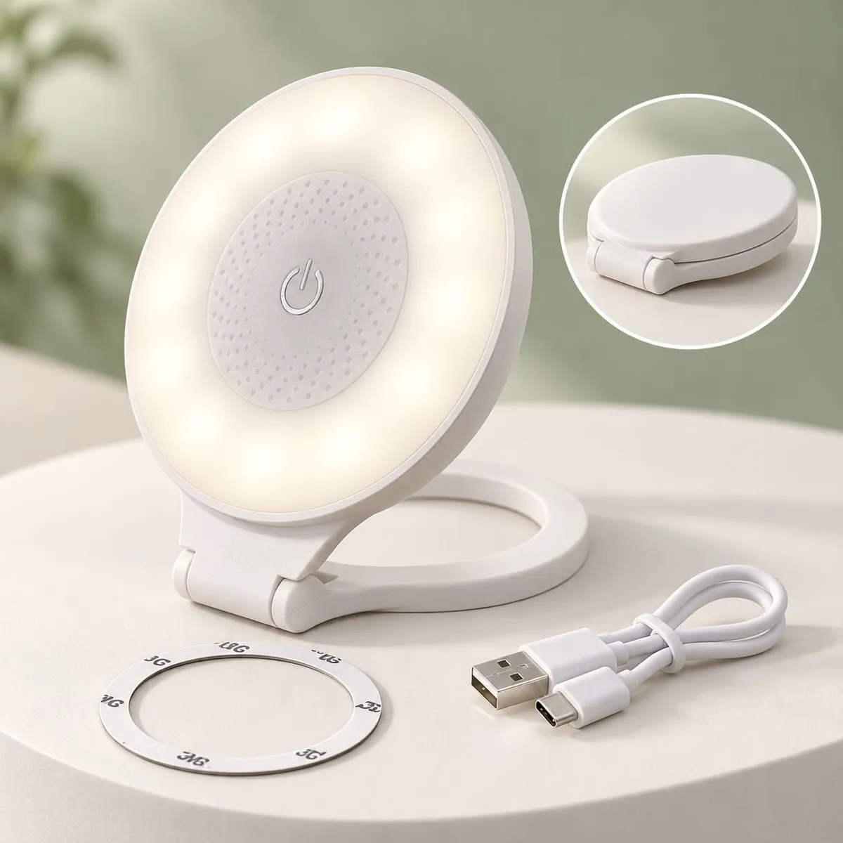 biała składana lampa LED do telefonu z przyciskiem dotykowym, kablem USB-C i magnetyczną podkładką