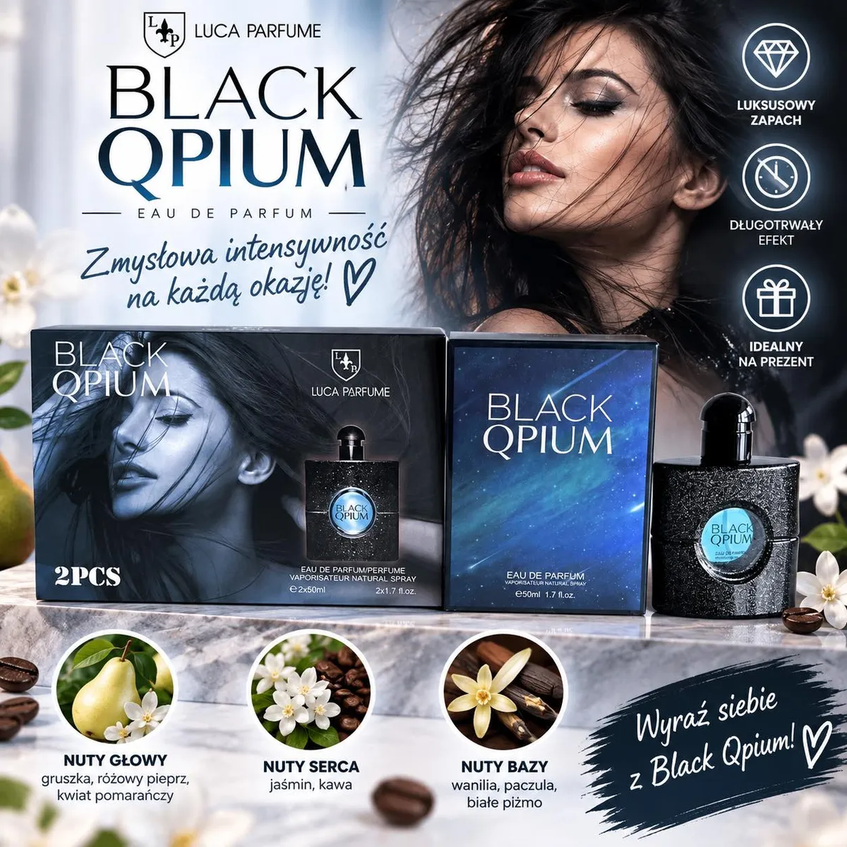 Zestaw perfum Black Qpium 2x50ml z czarnym błyszczącym flakonem i opakowaniem