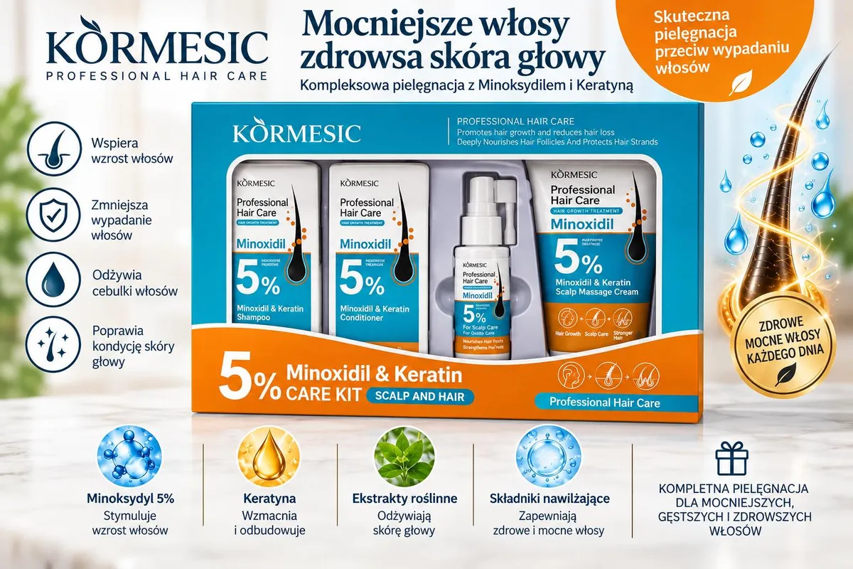 Zestaw prezentowy Körmesic do włosów z Minoxidilem 5% i keratyną w białym opakowaniu z turkusowo-pomarańczowymi detalami
