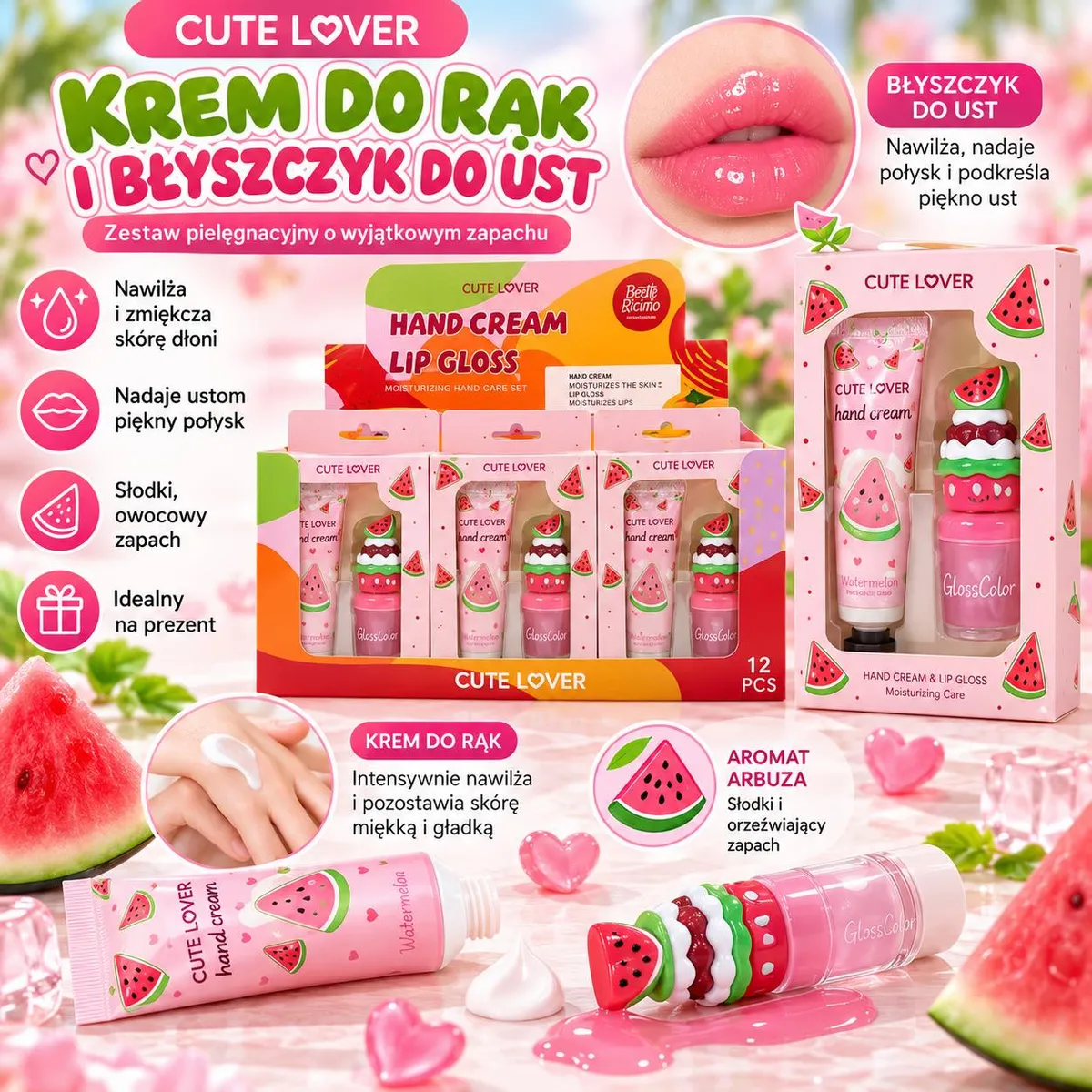 Zestaw kosmetyków Cute Lover krem do rąk i błyszczyk do ust z motywem arbuza w różowym opakowaniu
