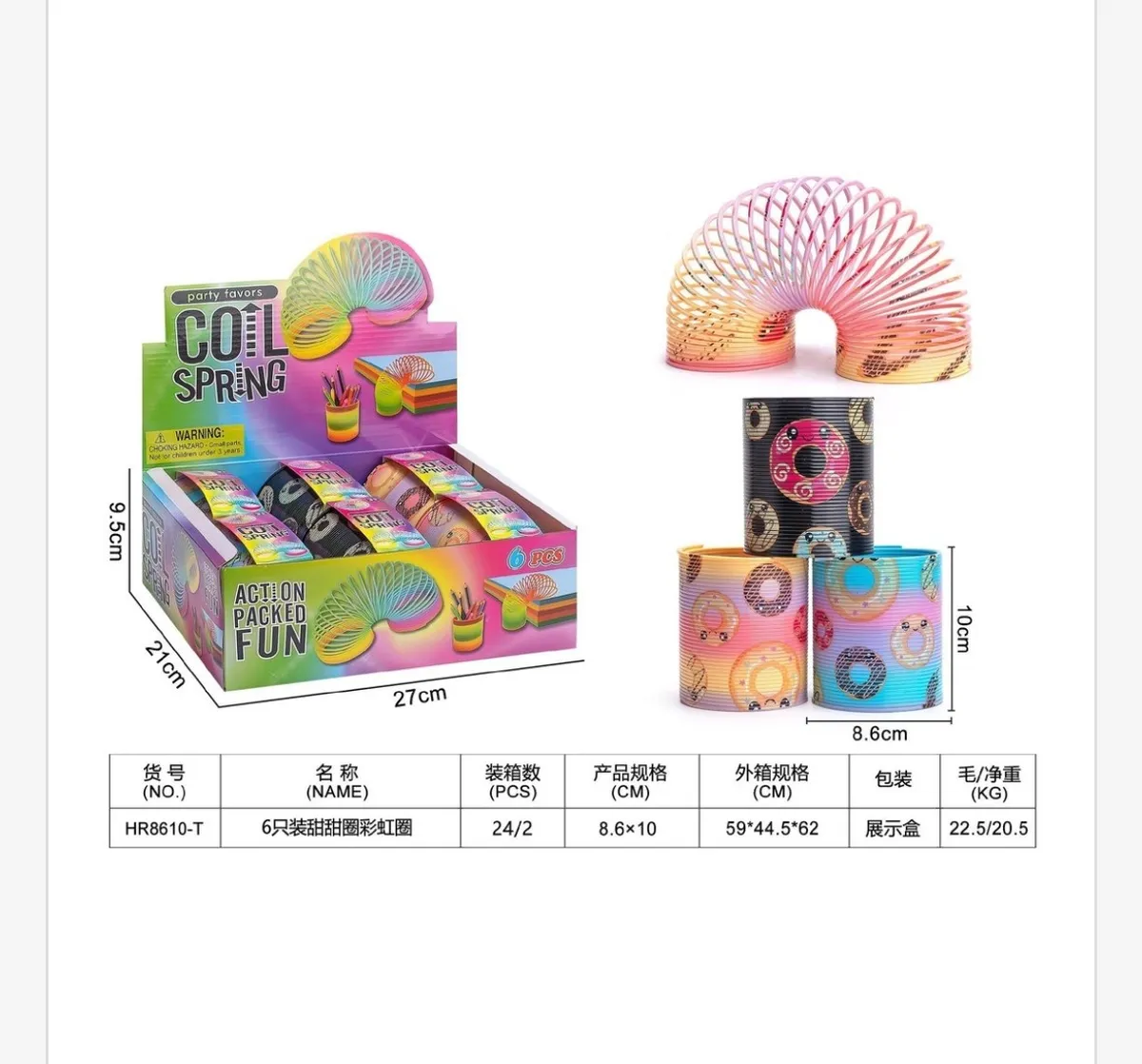 Kartonowy display z 6 kolorowymi sprężynami plastikowymi w odcieniach różu, żółci i błękitu z wzorem donutów, obok rozciągnię