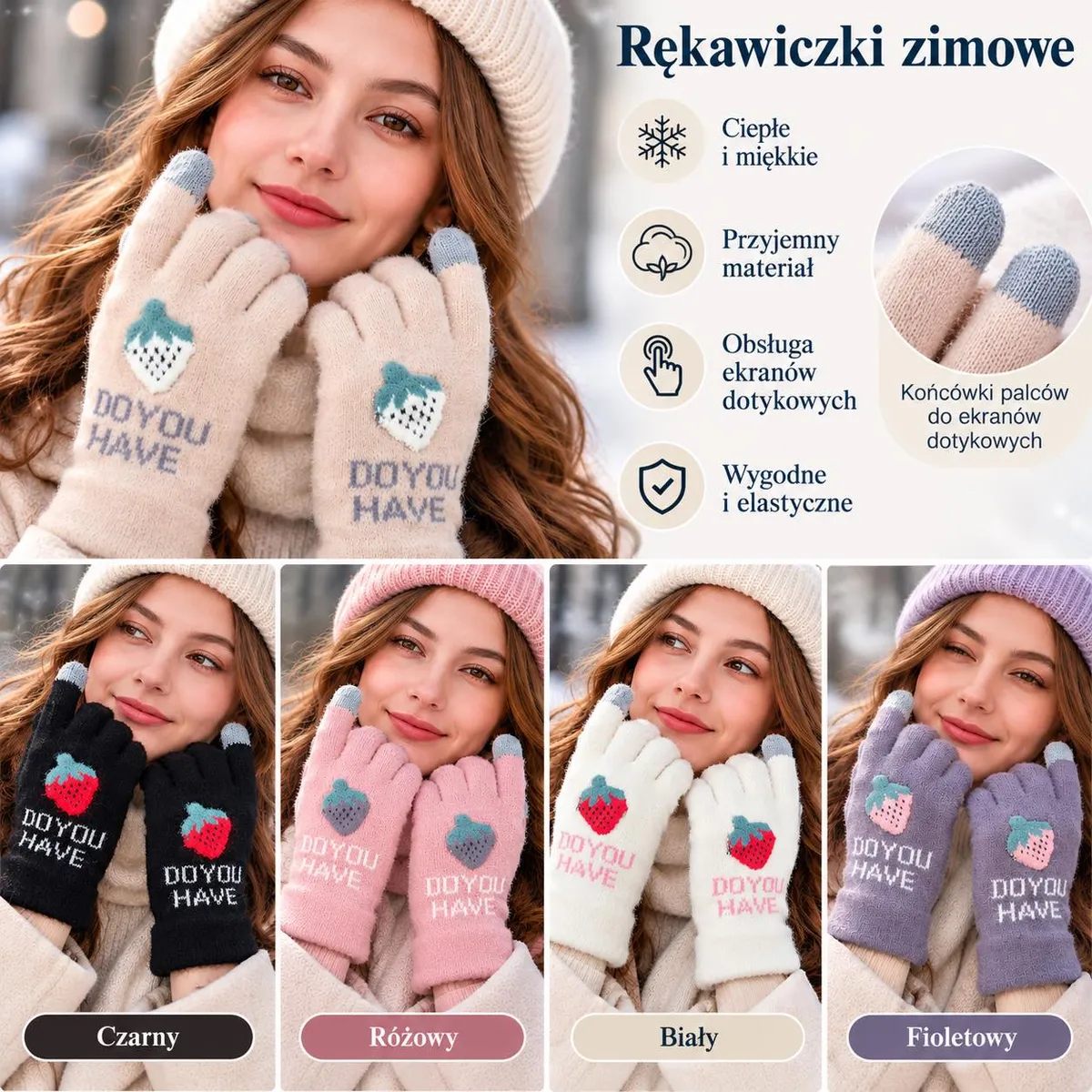 Damskie rękawiczki zimowe w czterech kolorach z motywem truskawki i końcówkami do ekranów dotykowych
