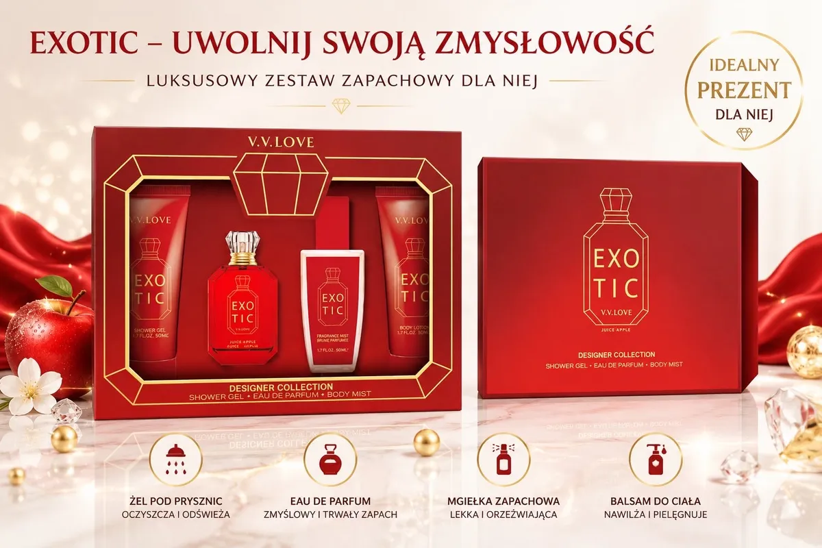 Czerwony zestaw prezentowy Exotic z żelem pod prysznic, perfumami, mgiełką i balsamem do ciała