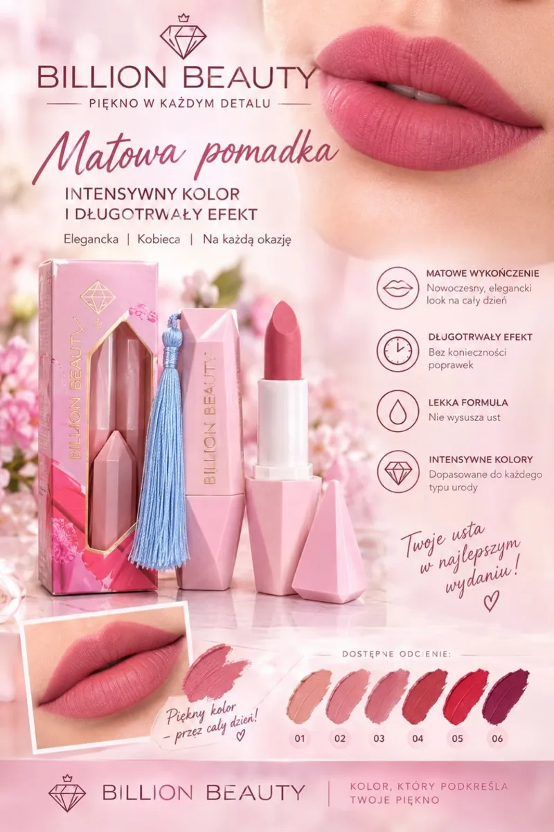 Matowa pomadka Billion Beauty w różowym opakowaniu z niebieskim chwostem i sześć odcieni kolorów na ustach