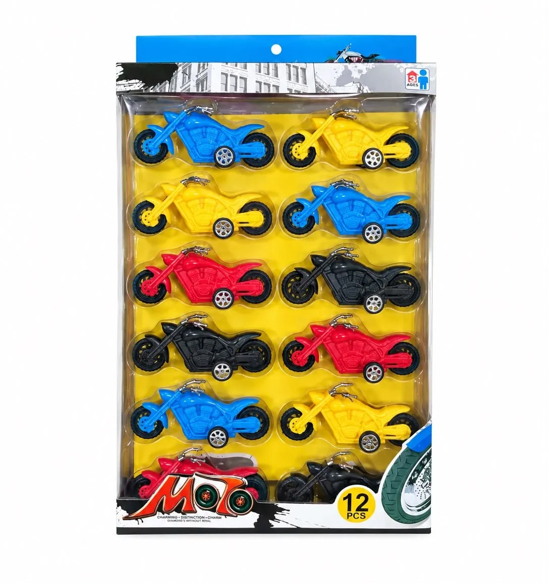 Zestaw 12 plastikowych zabawek motocykli w kolorach niebieskim, żółtym, czerwonym i czarnym w opakowaniu