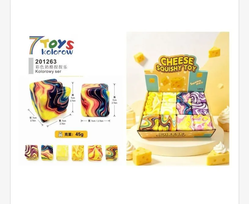 Kolorowe miękkie kostki squishy w kształcie sera o wymiarach 7x7x7 cm w opakowaniu zbiorczym