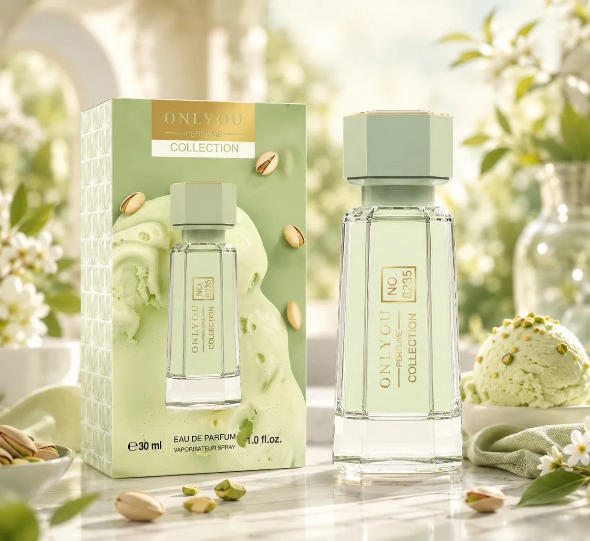 Perfumy Only You Collection No. 8235 30ml w zielonym flakonie i opakowaniu z motywem pistacji