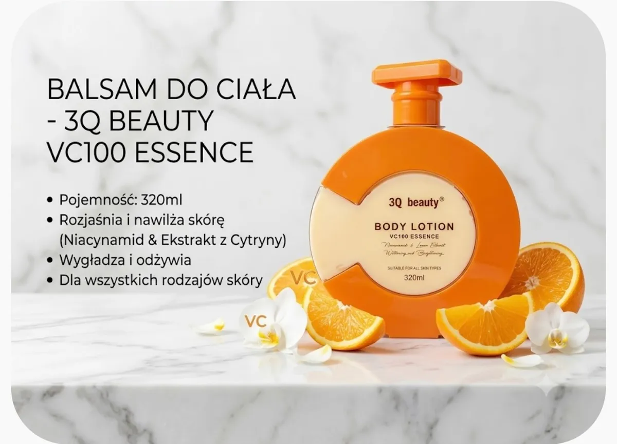 Pomarańczowa butelka balsamu do ciała 3Q Beauty VC100 Essence 320 ml z plasterkami pomarańczy i białymi kwiatami