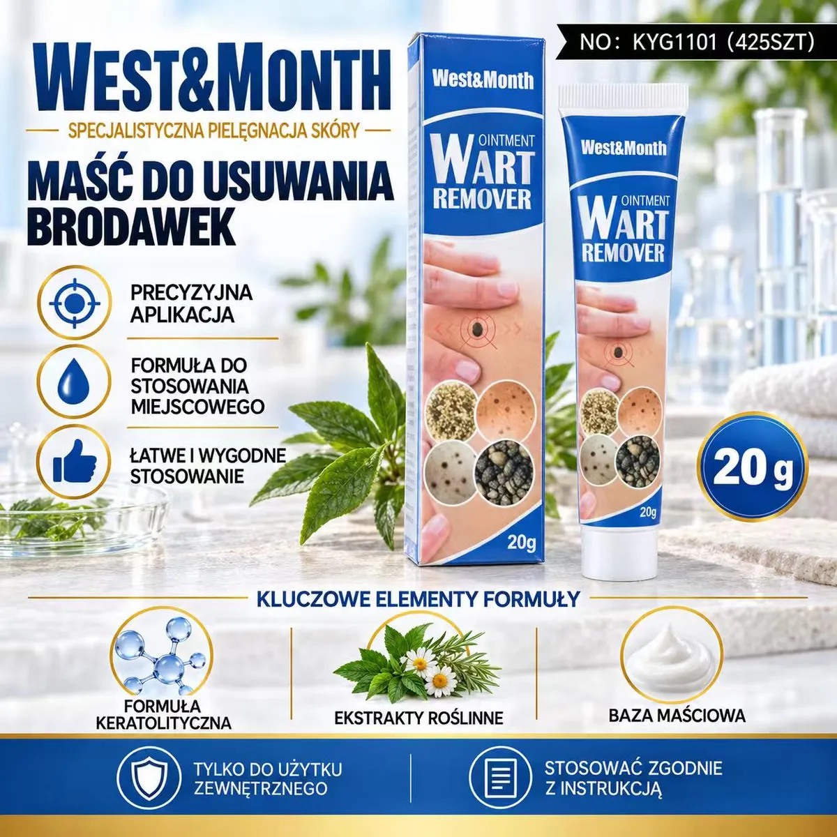 Opakowanie i tubka maści do usuwania brodawek West&Month 20g z grafiką dłoni i brodawek