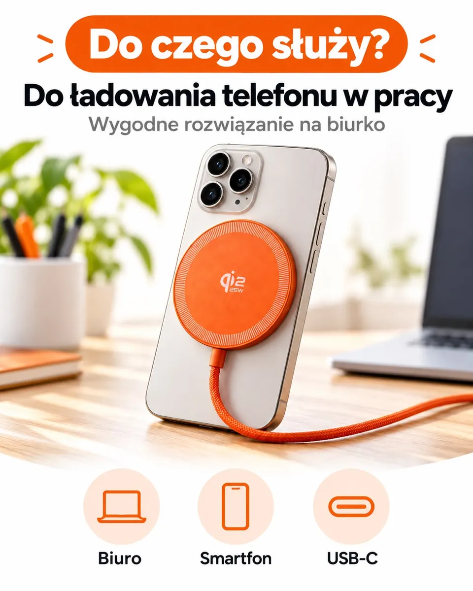 Pomarańczowa ładowarka magnetyczna Qi2 25W USB-C przyczepiona do smartfona na biurku