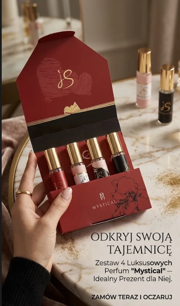 Ręka trzymająca otwarte bordowe pudełko z czterema perfumami Mystical o pojemności 20 ml każdy w kolorach czerwonym, różowym,