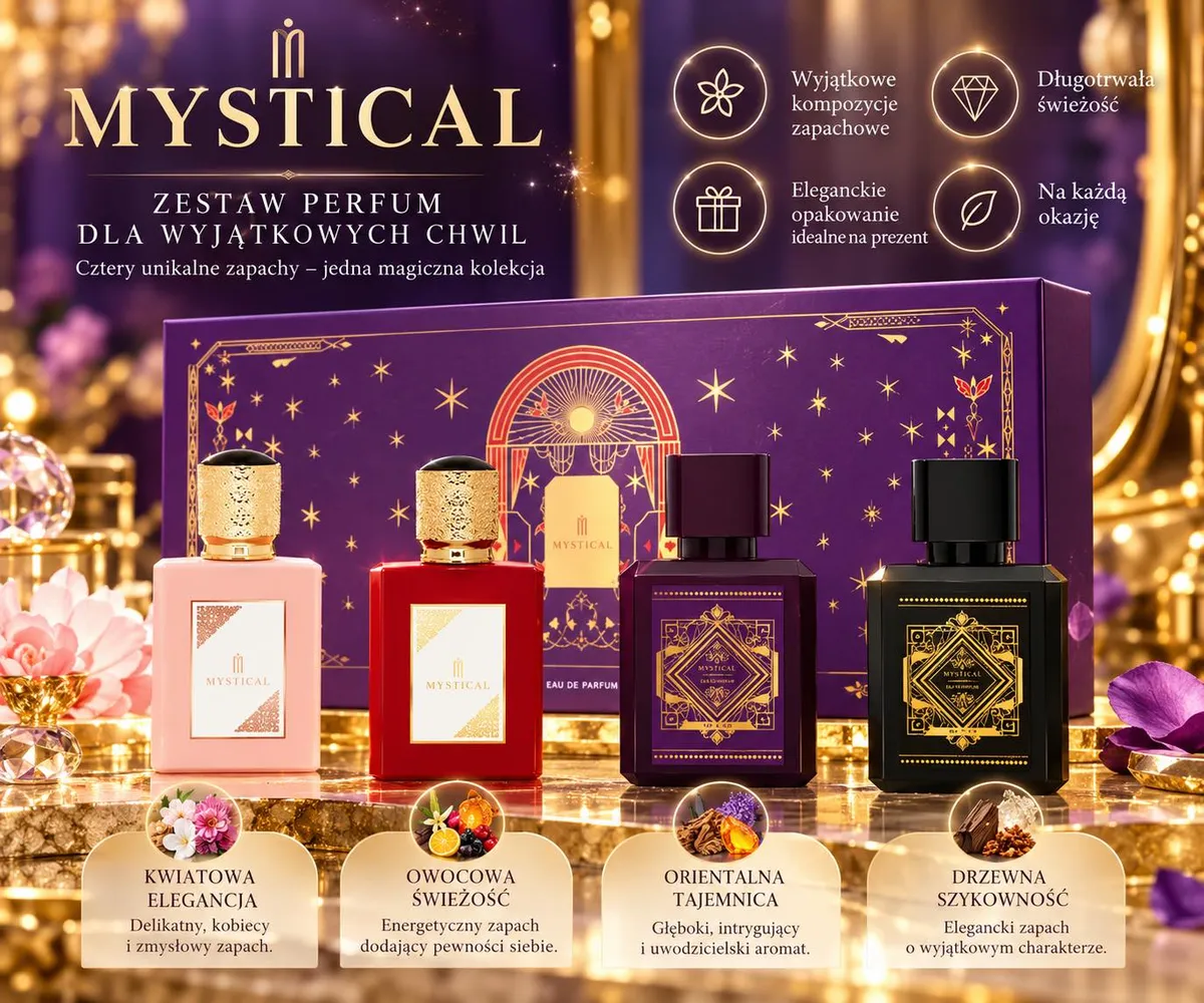 Zestaw czterech perfum Mystical w butelkach różowy, czerwony, fioletowy i czarny na fioletowym tle z złotymi zdobieniami