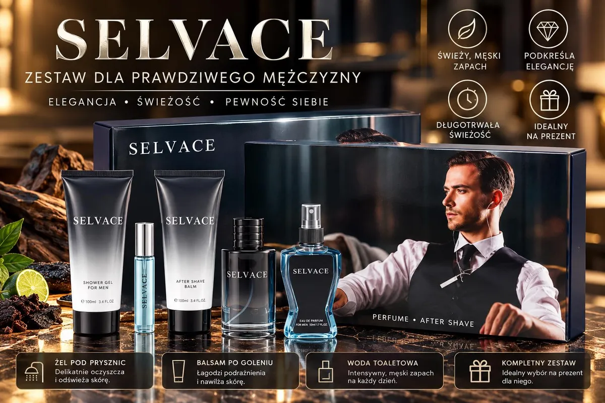 Zestaw męski Selvace z żelem pod prysznic, balsamem po goleniu i wodą toaletową w czarnym pudełku prezentowym