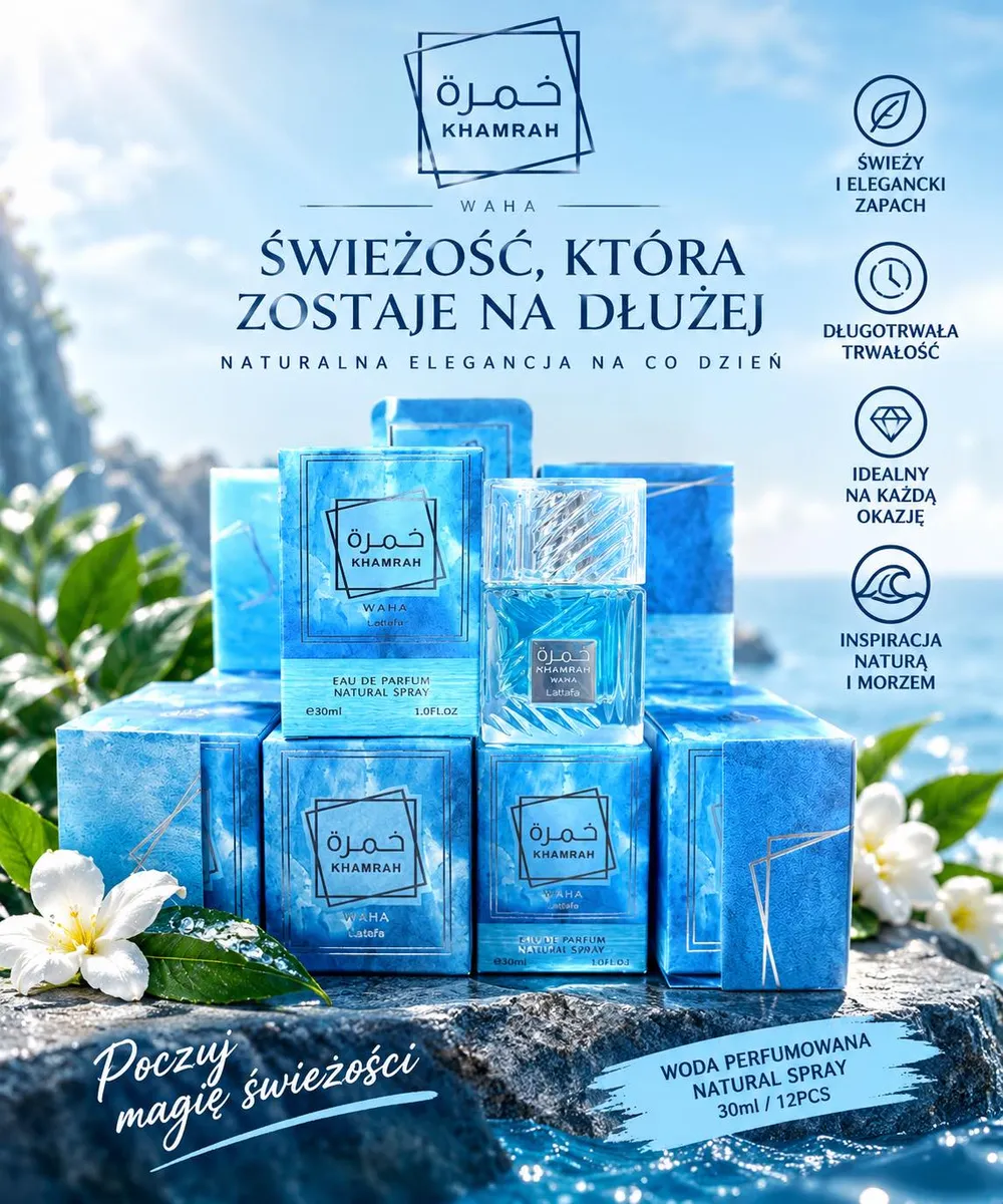 niebieskie opakowania i flakon wody perfumowanej KHAMRAH Waha 30 ml na tle morza i kwiatów