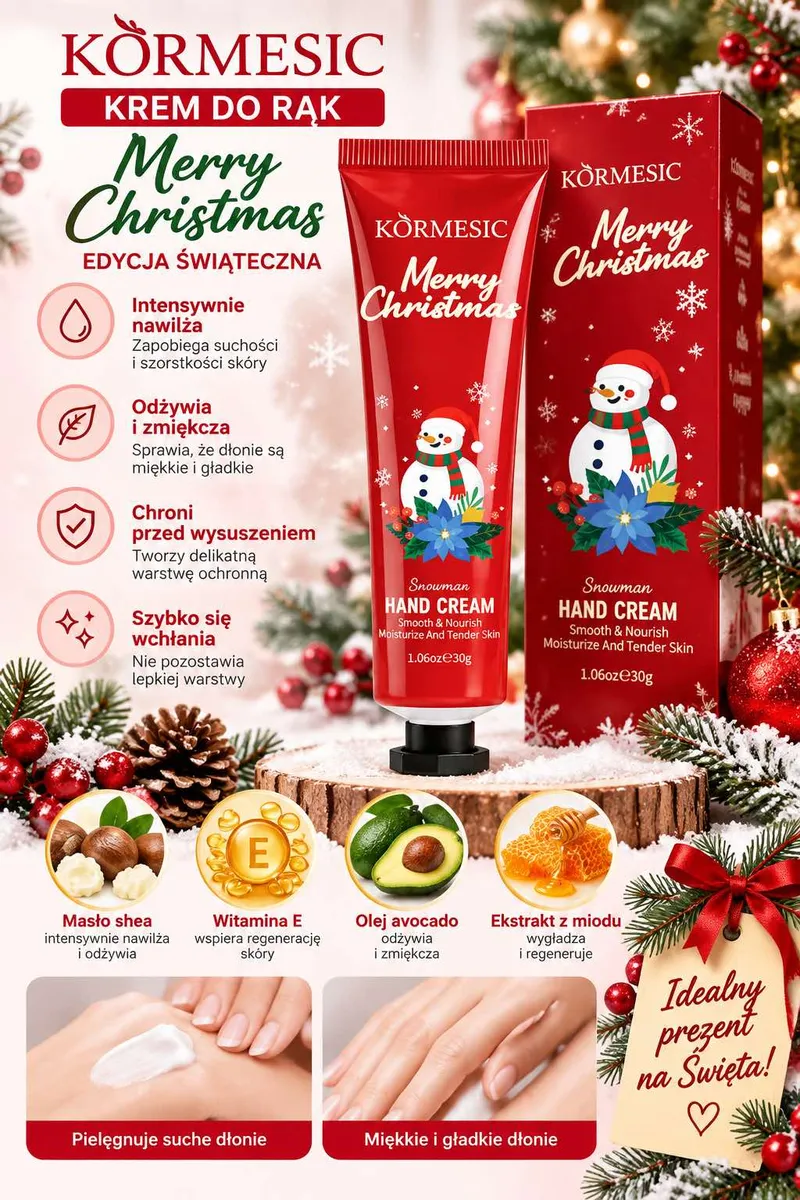 Czerwony krem do rąk KORMESIC Merry Christmas 30 g z bałwankiem i świątecznym opakowaniem