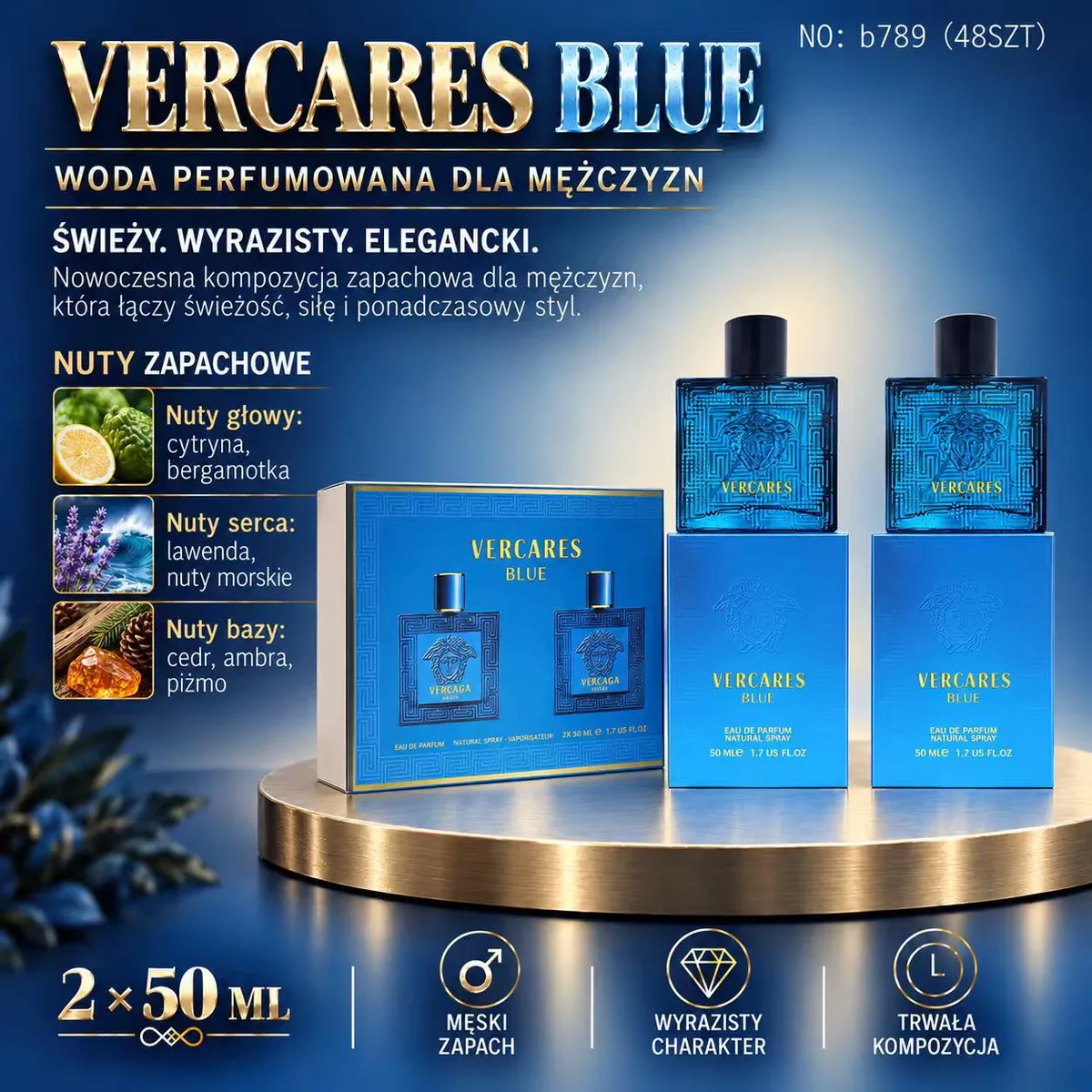 Zestaw dwóch granatowych flakonów perfum Vercares Blue 2x50 ml z eleganckim pudełkiem i opisem nut zapachowych