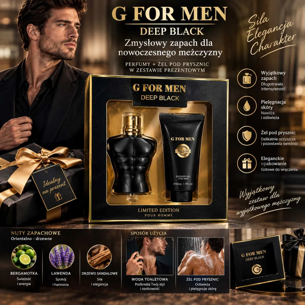Zestaw prezentowy G for Men Deep Black perfumy i żel pod prysznic w czarnym opakowaniu z złotymi detalami