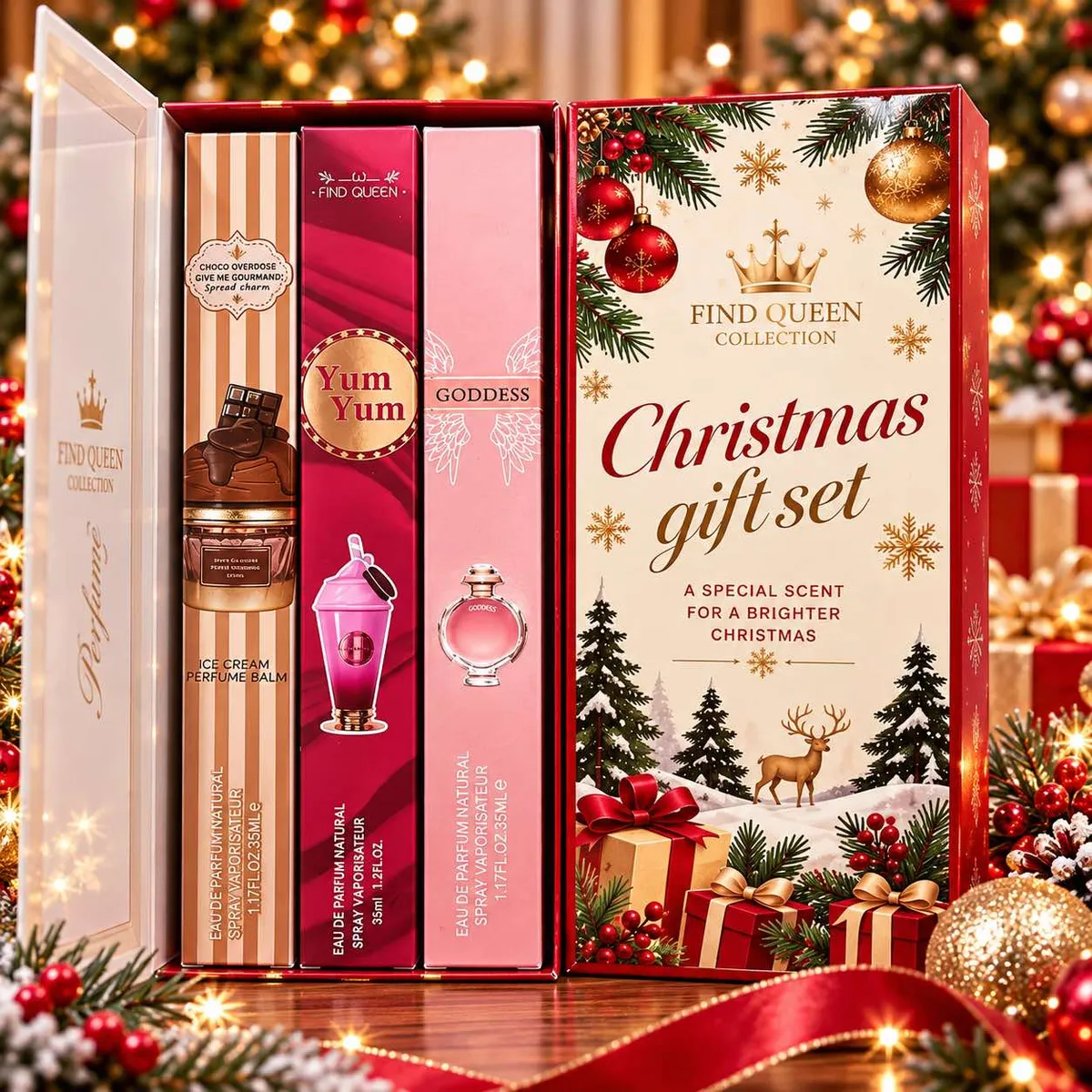Zestaw trzech perfumetek Find Queen Christmas gift set w ozdobnym świątecznym pudełku z motywem choinek i prezentów