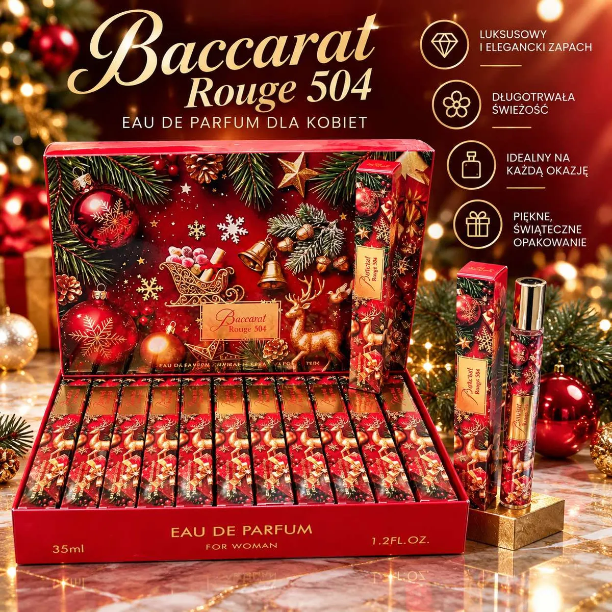Perfumetki Baccarat Rouge 504 35ml w czerwonym świątecznym opakowaniu z motywem bombek i renifera
