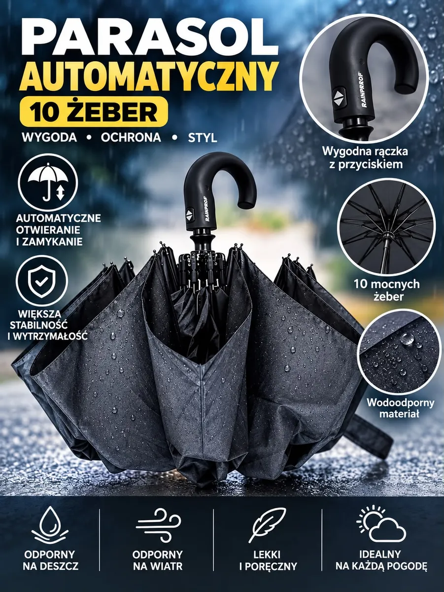 czarny parasol automatyczny z 10 żebrami i wygodną rączką z przyciskiem