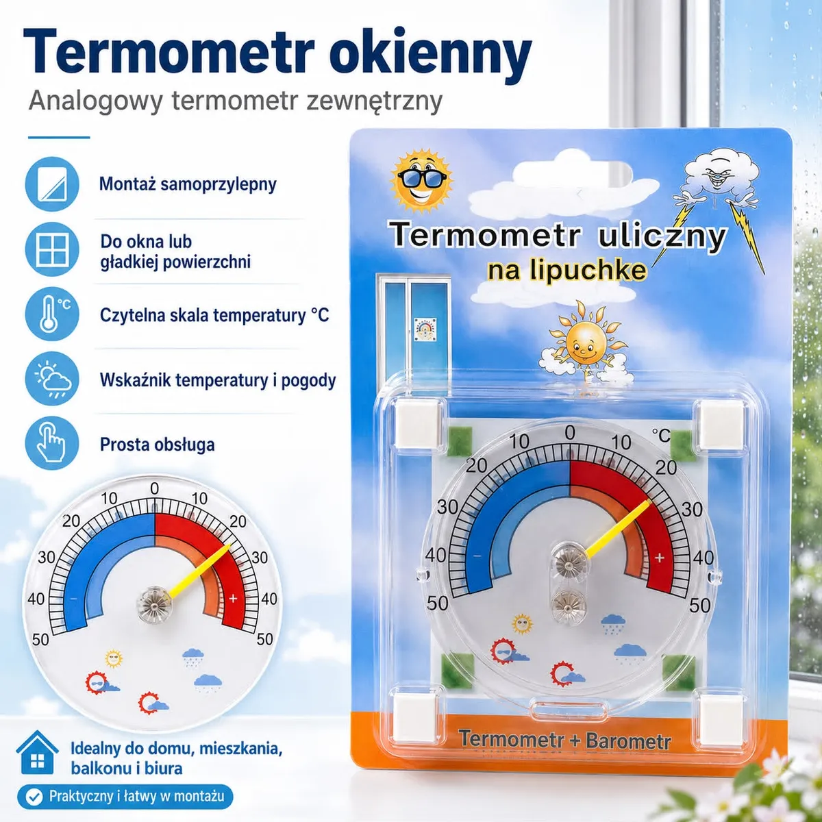 Analogowy termometr okienny z przezroczystą tarczą i kolorową skalą temperatury