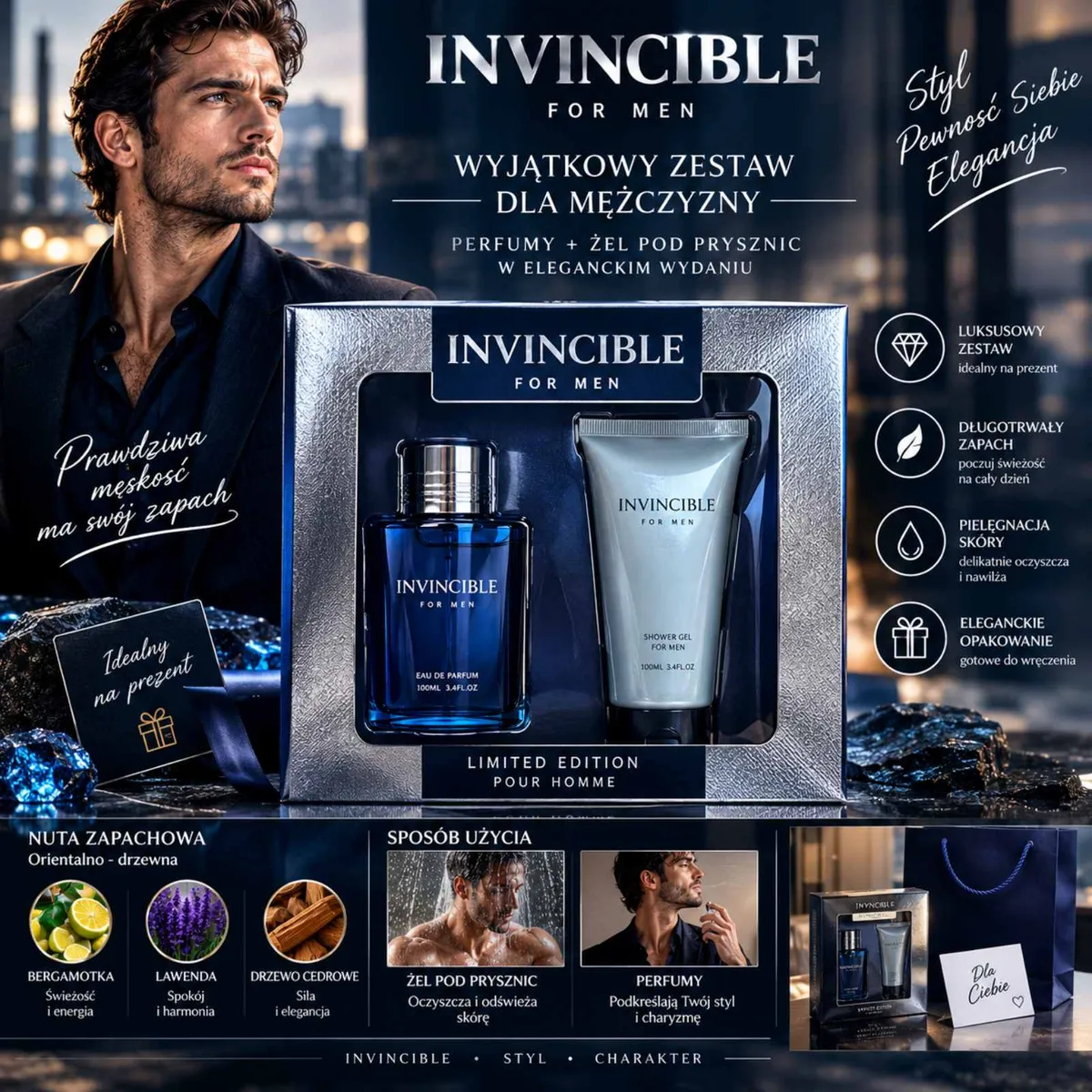 Zestaw perfum i żelu pod prysznic Invincible for Men w granatowo-srebrnym opakowaniu z męskim modelem