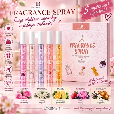 Zestaw 5 perfumetek Tao Beauty w eleganckim opakowaniu z różnymi kolorami płynów i opisem zapachów