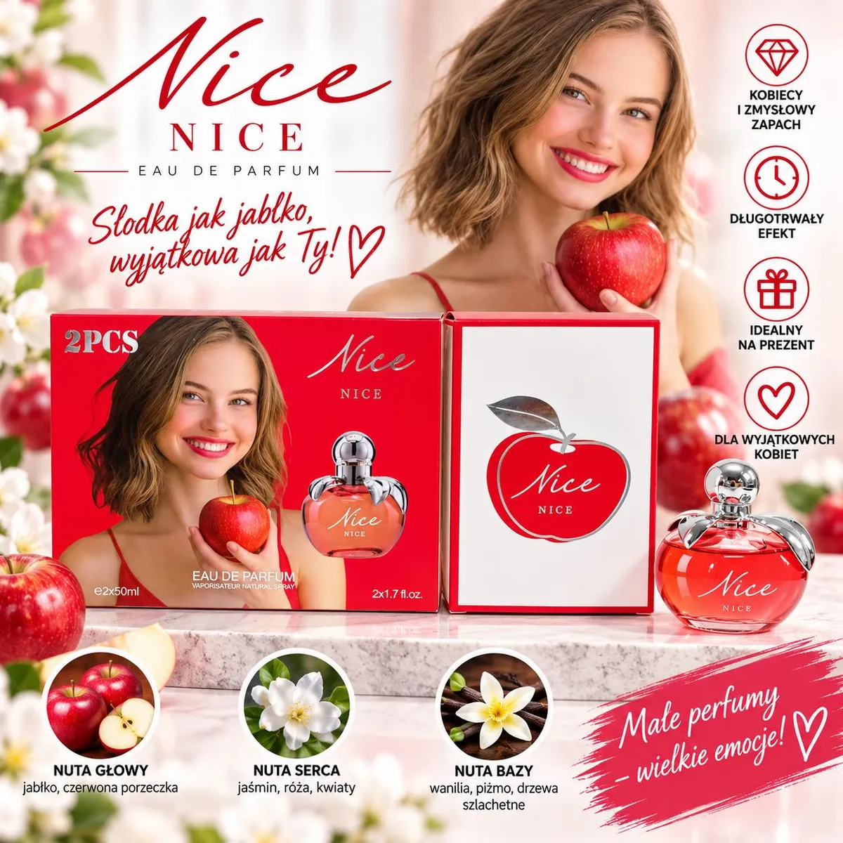 Zestaw perfum Nice 2x50ml z czerwonym jabłkiem na opakowaniu i flakonem z metalicznym korkiem