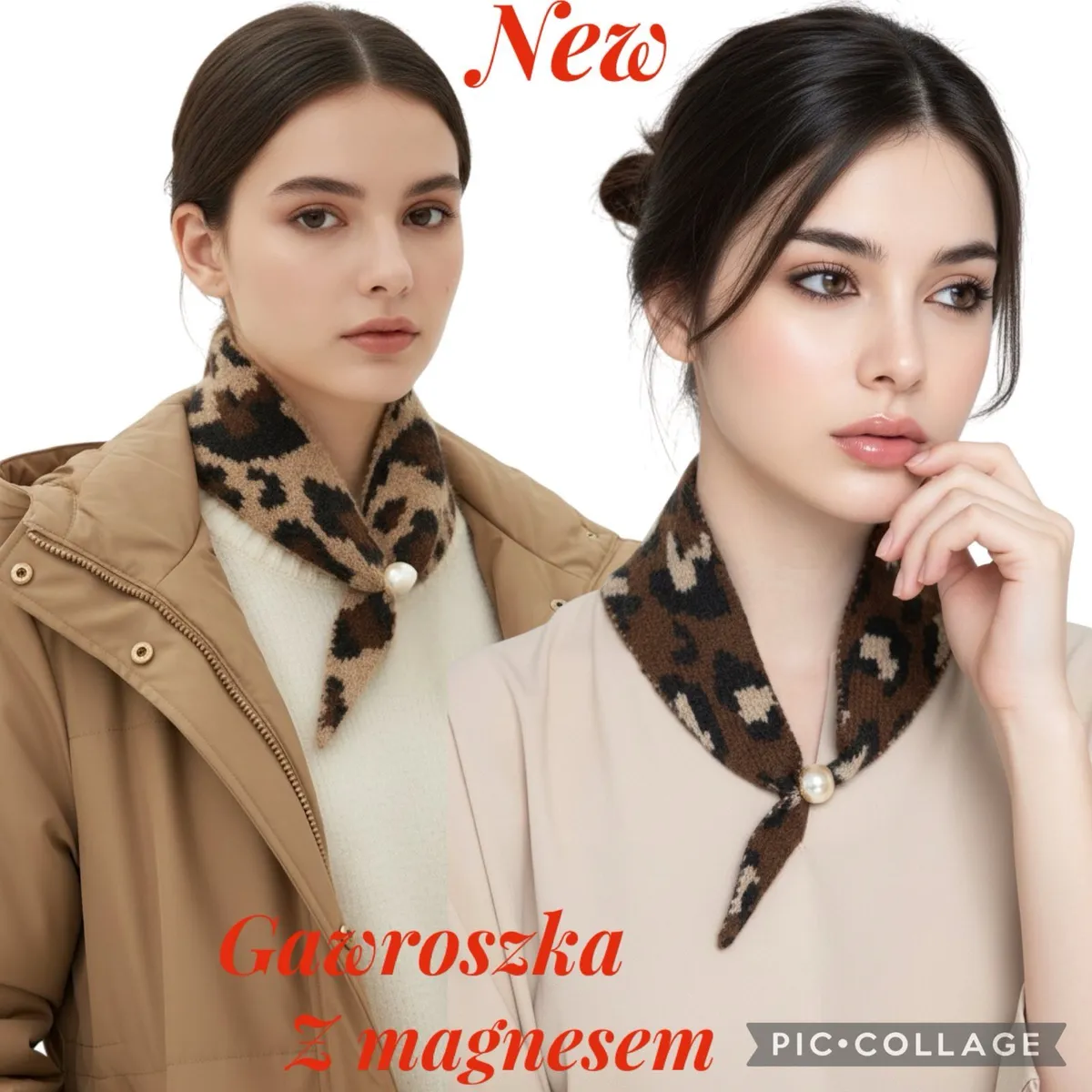 Dwie kobiety noszące gawroszki z magnesem w panterkę brązowo-beżową na szyi