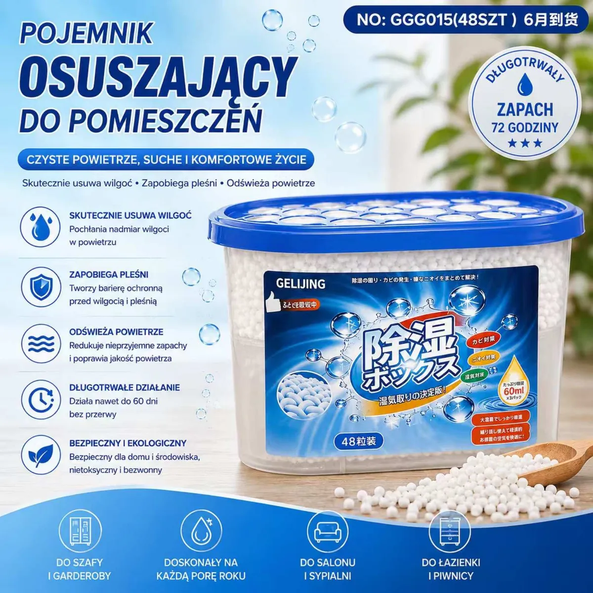Przezroczysty pojemnik z niebieską pokrywą i białymi granulkami osuszającymi wilgoć