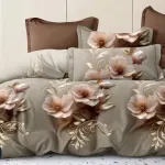 Komplet pościeli Milano 5D 160x200 satyna bawełniana kwiaty beżowo-brązowy