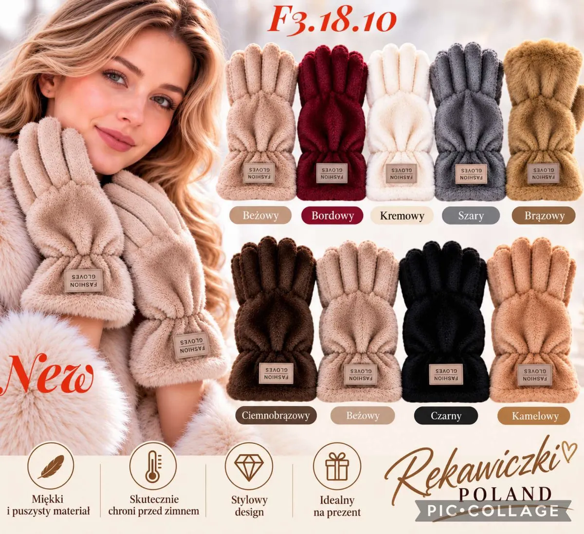 Dziewięć par miękkich pluszowych rękawiczek damskich w różnych kolorach z naszywką Fashion Gloves
