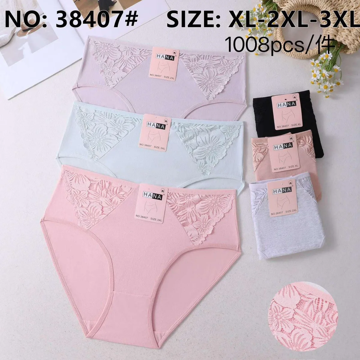 Pastelowe majtki damskie HANA z koronką w rozmiarach XL-3XL w różnych kolorach