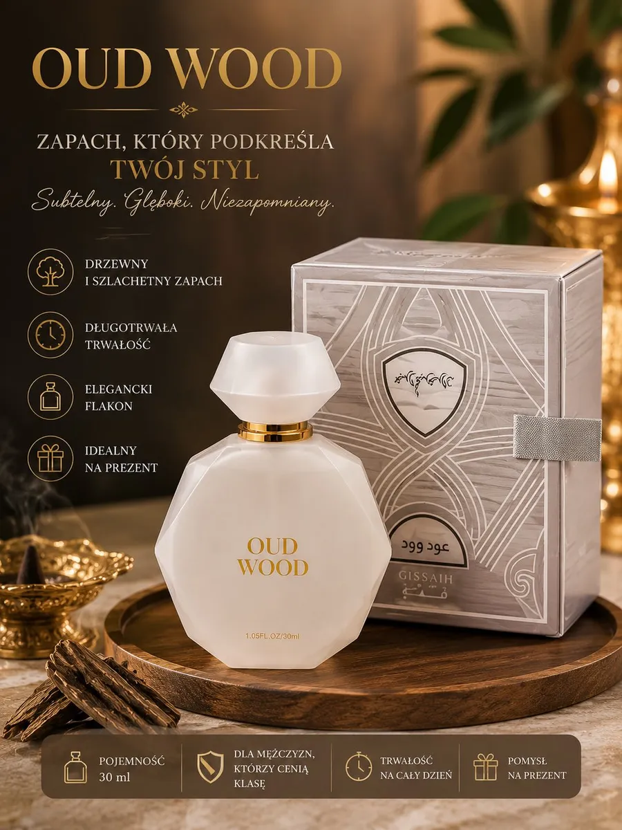 Perfumy OUD WOOD 30ml w mlecznobiałym flakonie z złotym napisem i szaro-srebrnym opakowaniu
