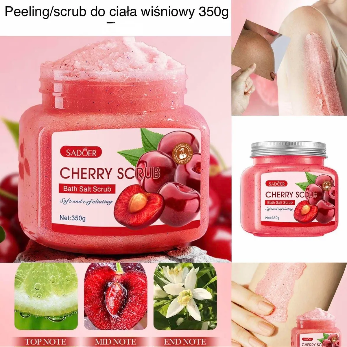 różowy peeling do ciała w plastikowym słoiku z wiśniową grafiką i metalową zakrętką
