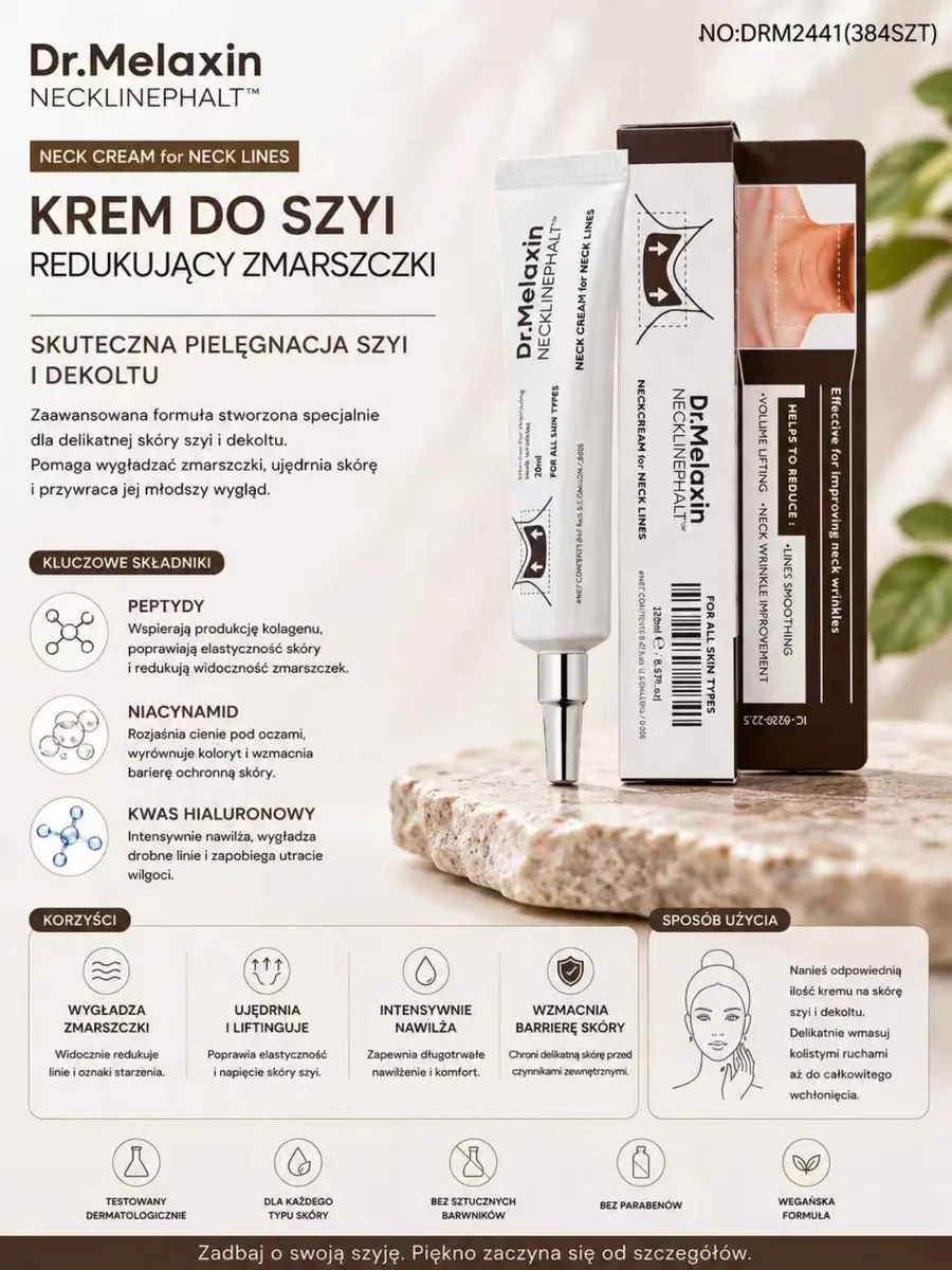 Krem do szyi Dr.Melaxin Necklinephalt w białej tubce 20 ml z opakowaniem i opisem składników