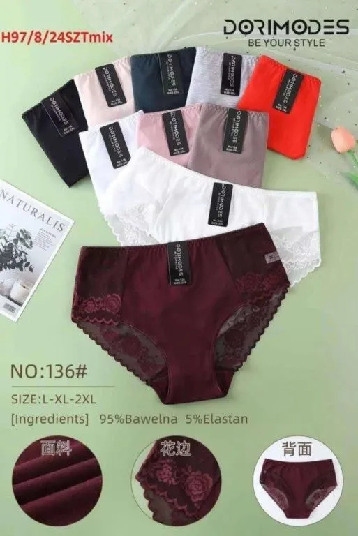 Majtki damskie w różnych kolorach z koronkowymi wykończeniami, rozmiary L-2XL