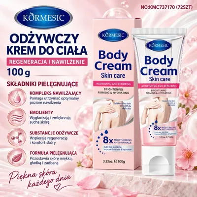 tuba kremu do ciała Körmesic 100g na różowym tle z kwiatami, opis działania i skład