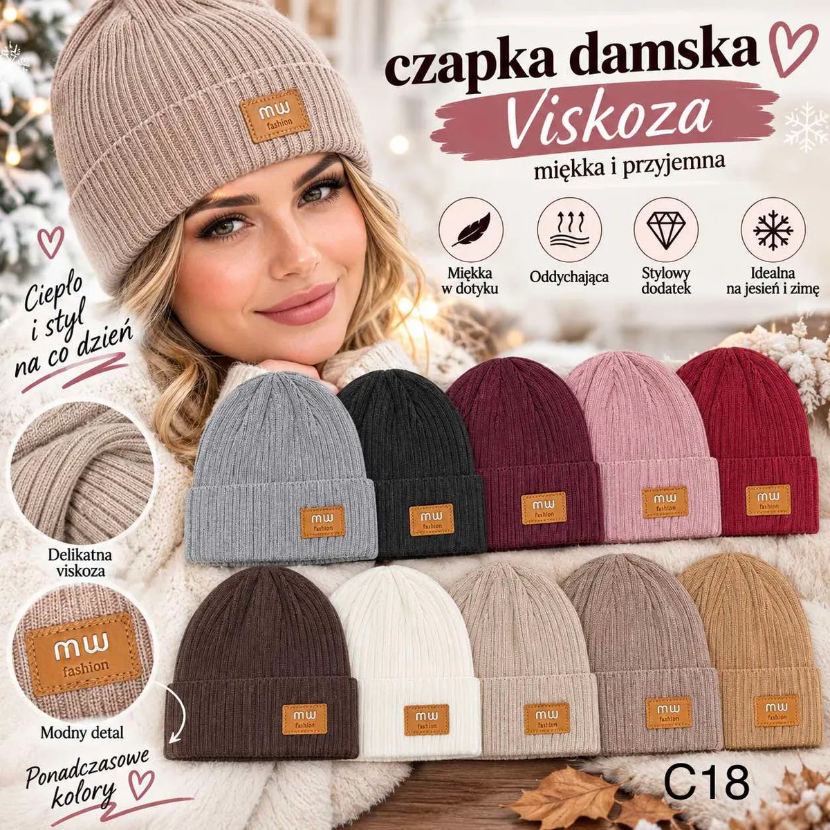 Damskie czapki z wiskozy w różnych kolorach z naszywką mw fashion, prążkowane, miękkie