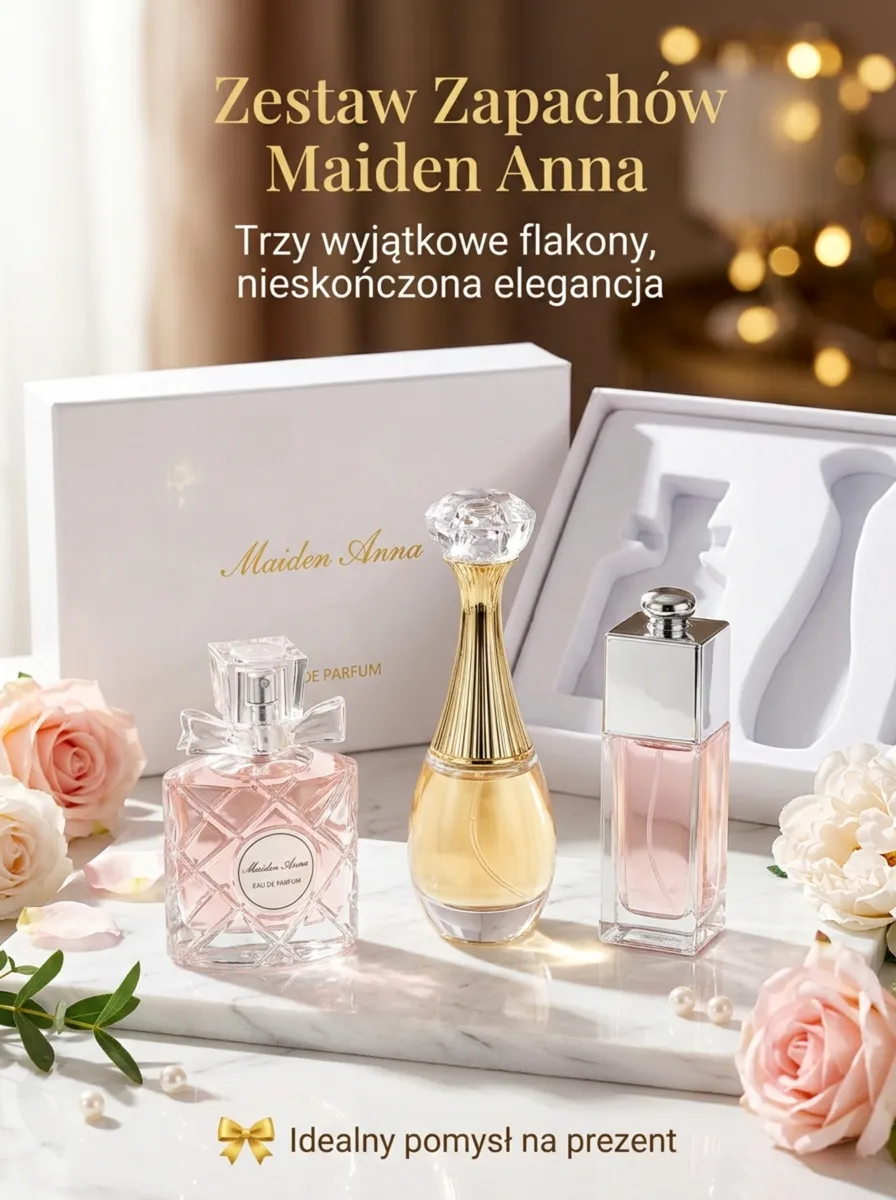 Zestaw trzech perfum Maiden Anna w eleganckich flakonach na białym tle z różami