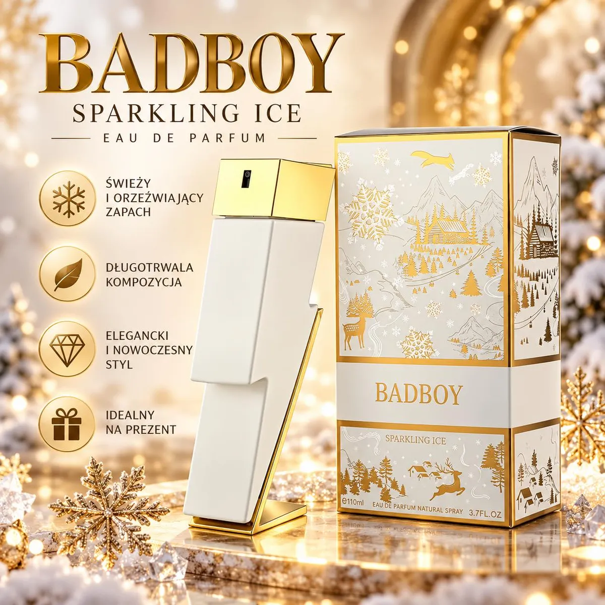 Butelka perfum Badboy Sparkling Ice 100 ml z białym matowym korpusem i złotą nakrętką obok ozdobnego opakowania z zimowymi mo