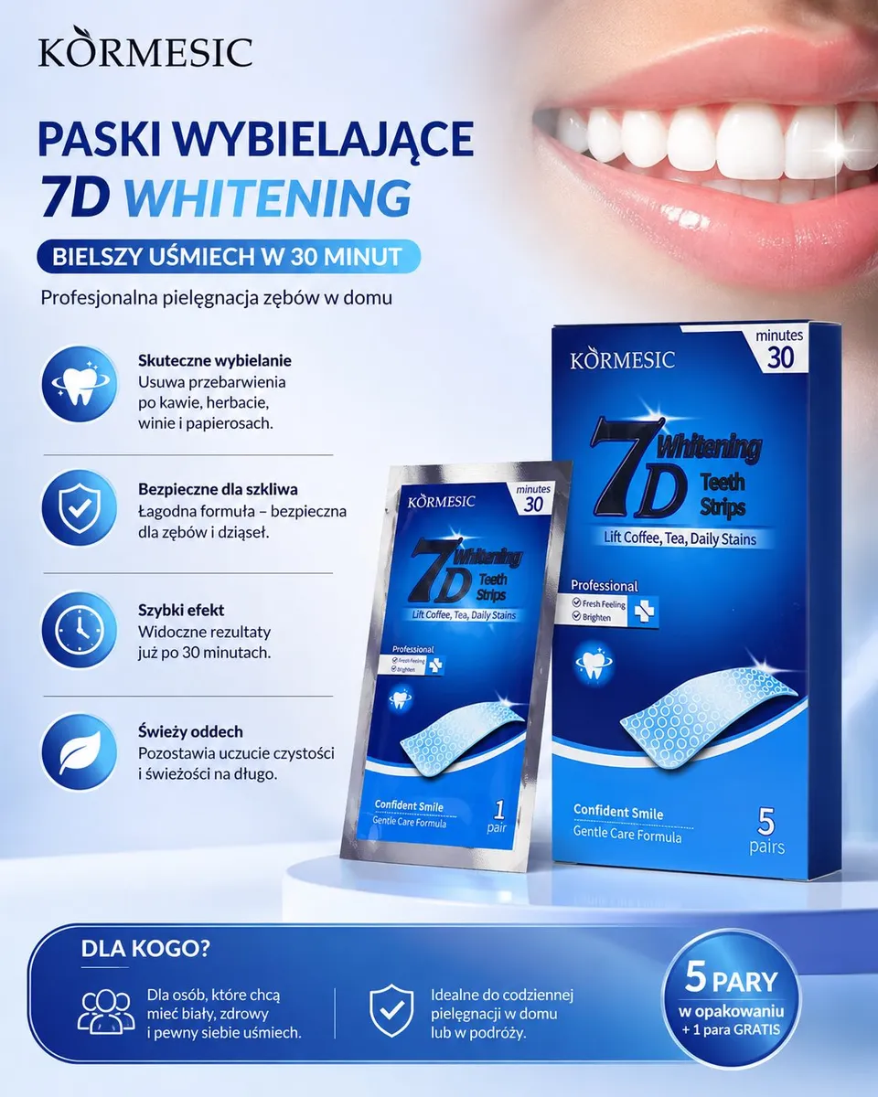 Opakowanie granatowych pasków wybielających Kormesic 7D Whitening z 5 parami i 1 parą gratis