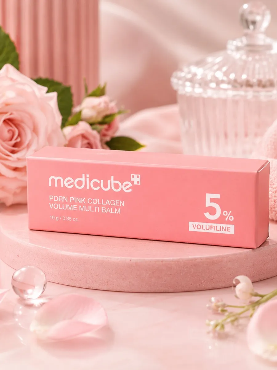 Różowe opakowanie balsamu Medicube PDRN Pink Collagen Volume Multi Balm 10g z napisem 5% Volufiline™