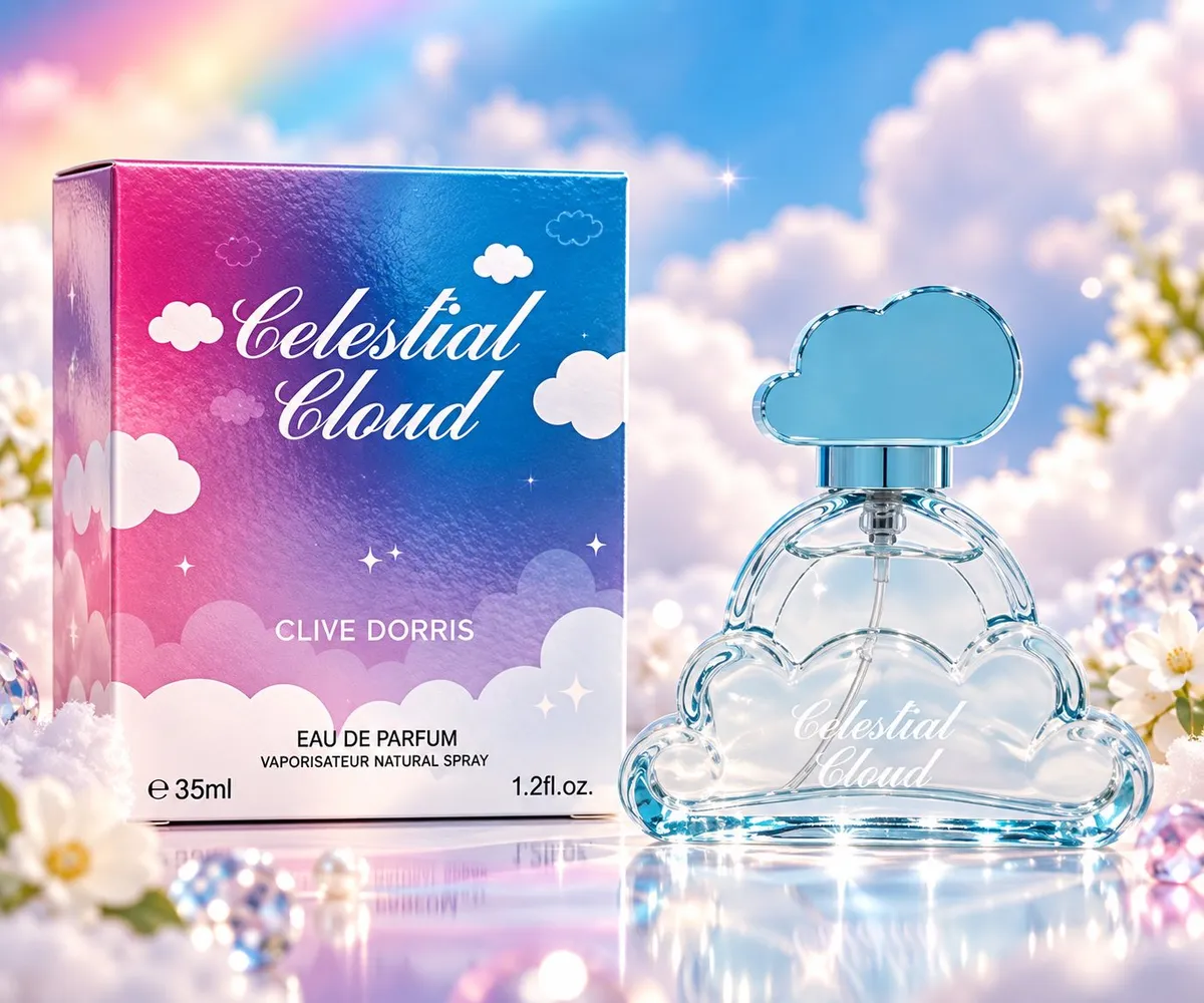 Perfumy Celestial Cloud 35ml Clive Dorris z flakonem w kształcie chmurki i kolorowym opakowaniem