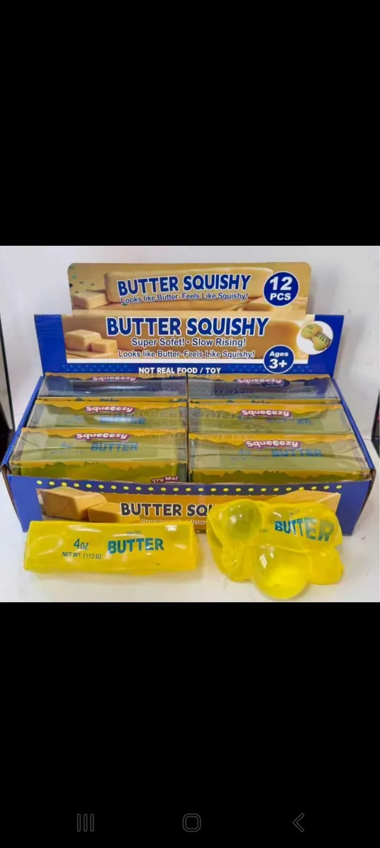 Żółta gniotka antystresowa w kształcie masła z napisem BUTTER, opakowanie zbiorcze 12 sztuk