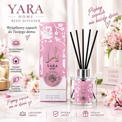 Perfumy z patyczkami YARA Home w różowej butelce 100 ml z czarnymi patyczkami i opakowaniem