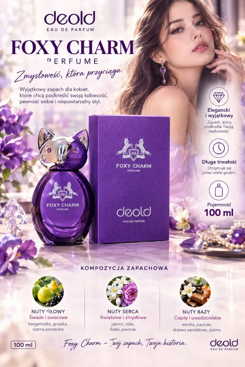 Fioletowy flakon perfum w kształcie kota i fioletowe opakowanie Deold Foxy Charm 100 ml