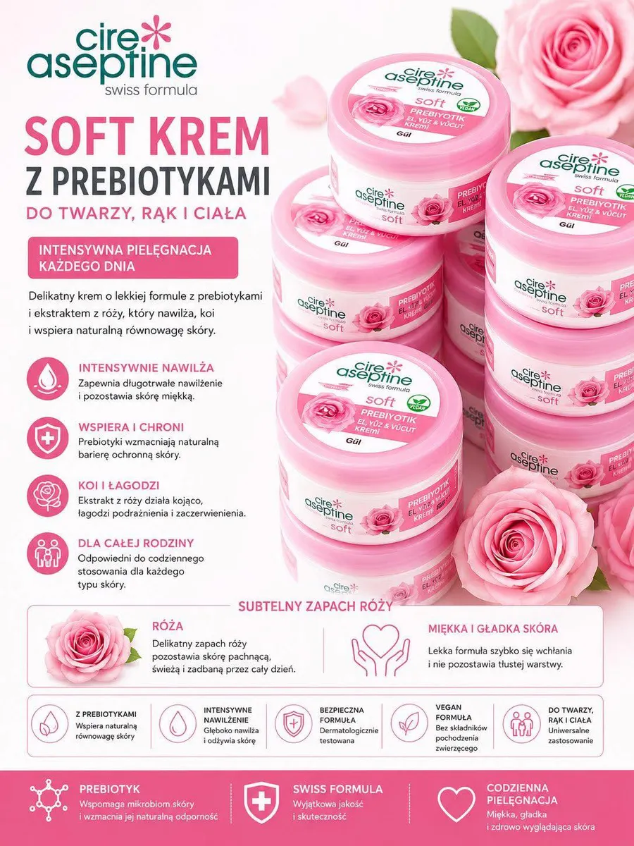 Pojemniki kremu Soft z prebiotykami i ekstraktem z róży w różowym opakowaniu z różą obok