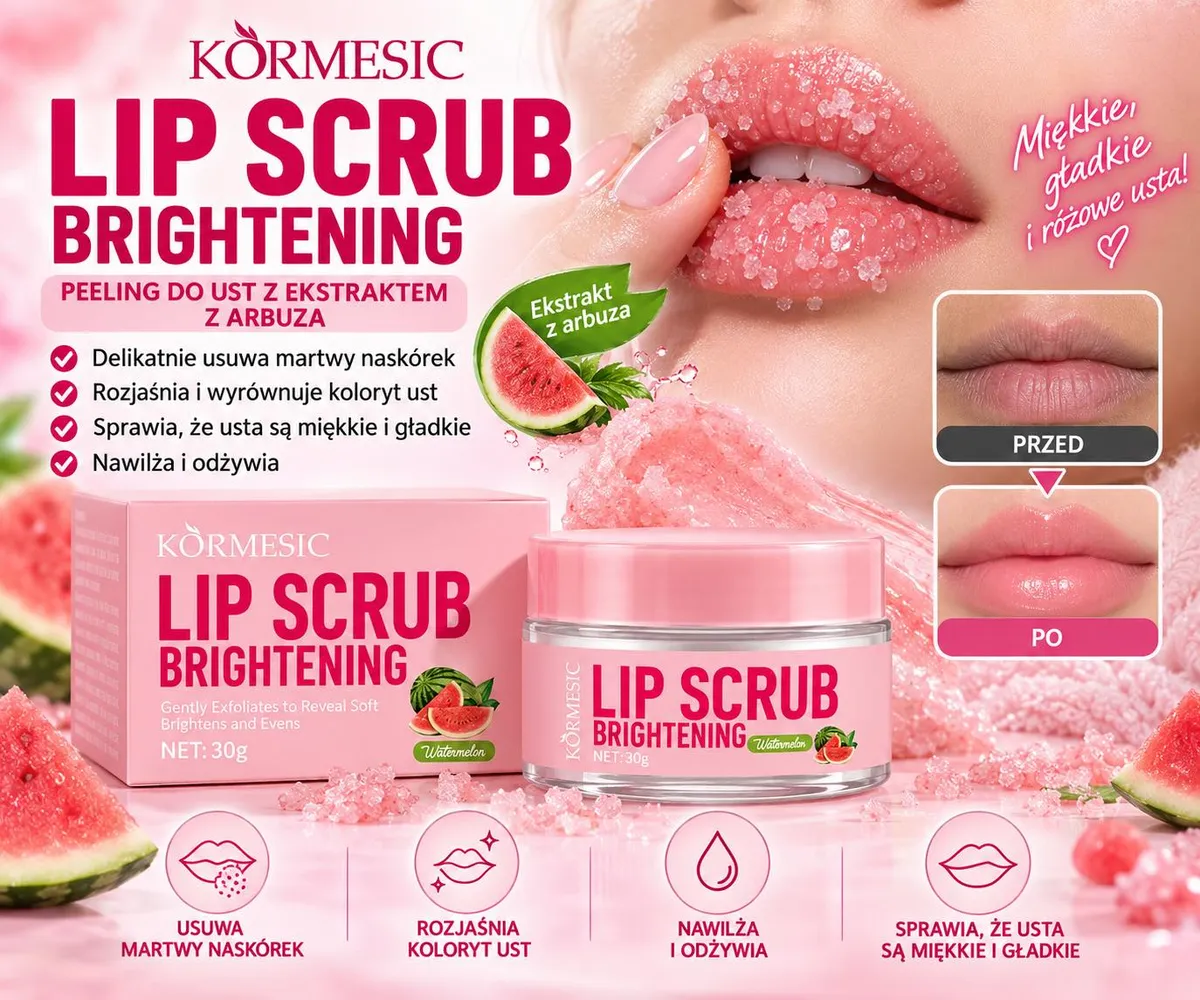 Różowy peeling do ust KORMESIC Lip Scrub Brightening w słoiczku 30 g z ekstraktem z arbuza