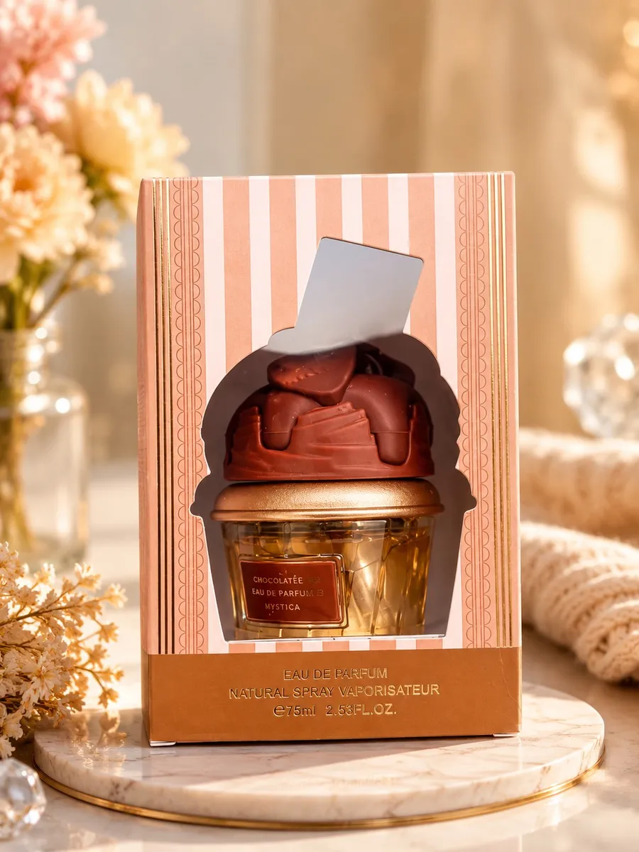 Perfumy 75ml w szklanej butelce z czekoladową zakrętką w ozdobnym pudełku z różowymi paskami